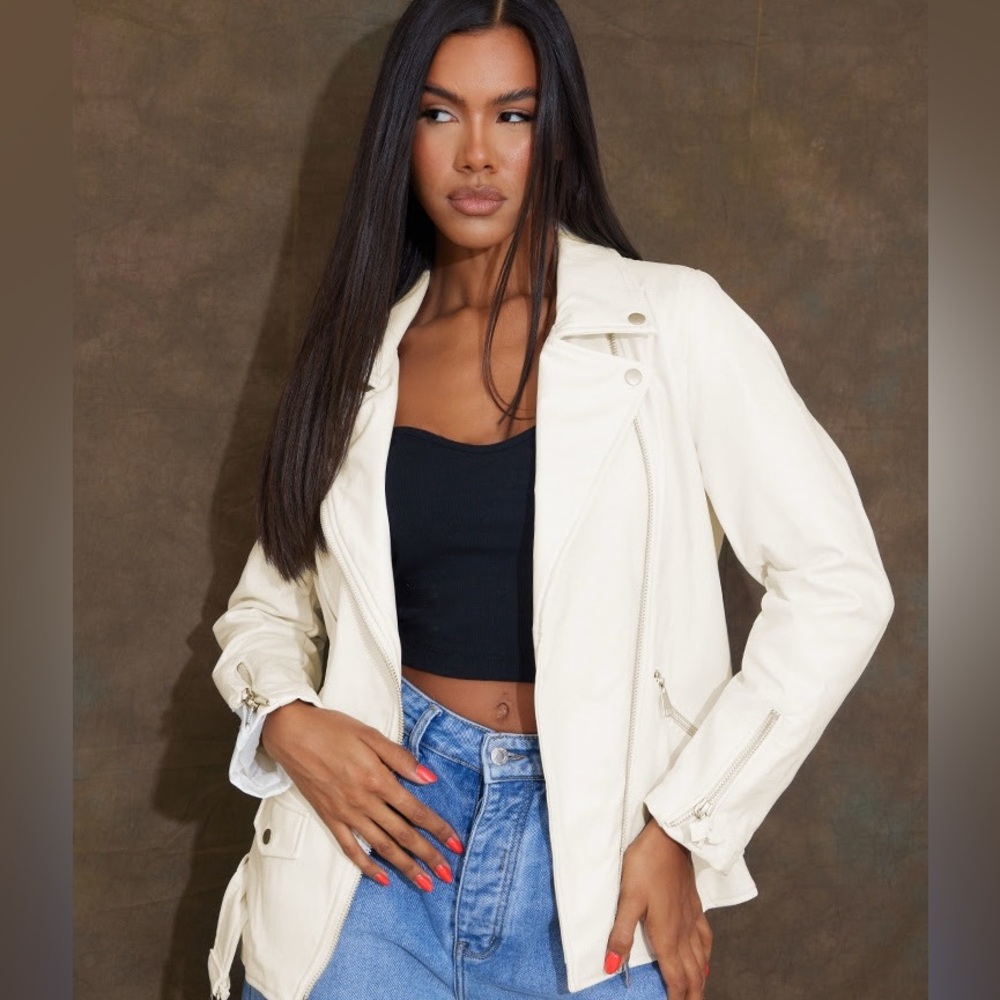 Pretty Little thing Off White Faux Leather Longline Belted Biker Jacket Medium